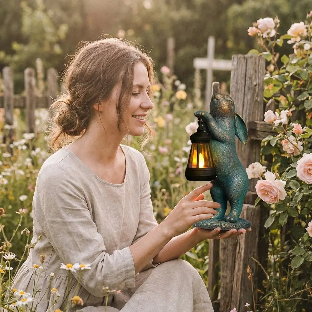 Resin Rabbit Solar Lantern Waterproof Night Illumination Animal Garden Statues Cute Solar Powered Outdoor Rabbit Art Decor