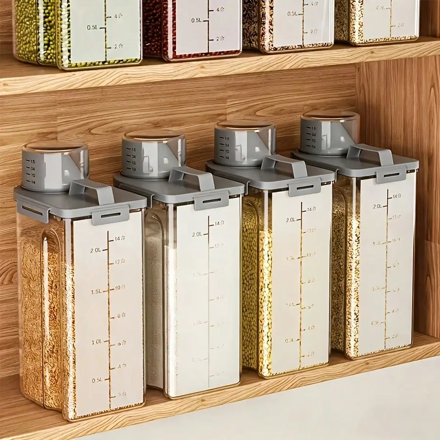 4 Pack Rice Storage Dispenser Modern Clear Plastic Cereal Storage Containers With Pour Spout And Measuring Cup Lid Airtight Food Storage Dispenser Jars For Kitchen Pantry Cabinet Flour Grain Housewarming Gift
