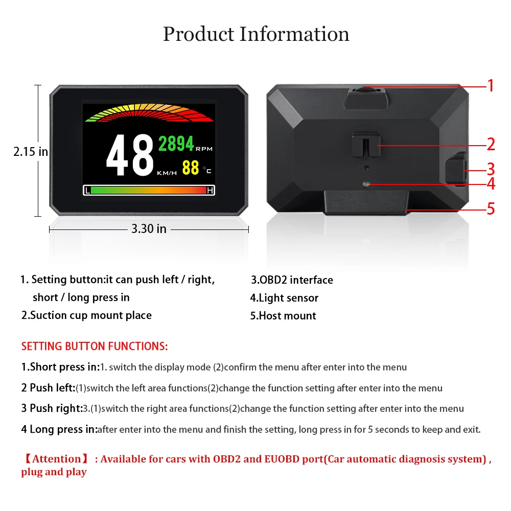 12V HUD Car Head Up Display Car Digital Speedometer Water Temp Fuel Consumption Security Alarm Auto On-board Computer P16