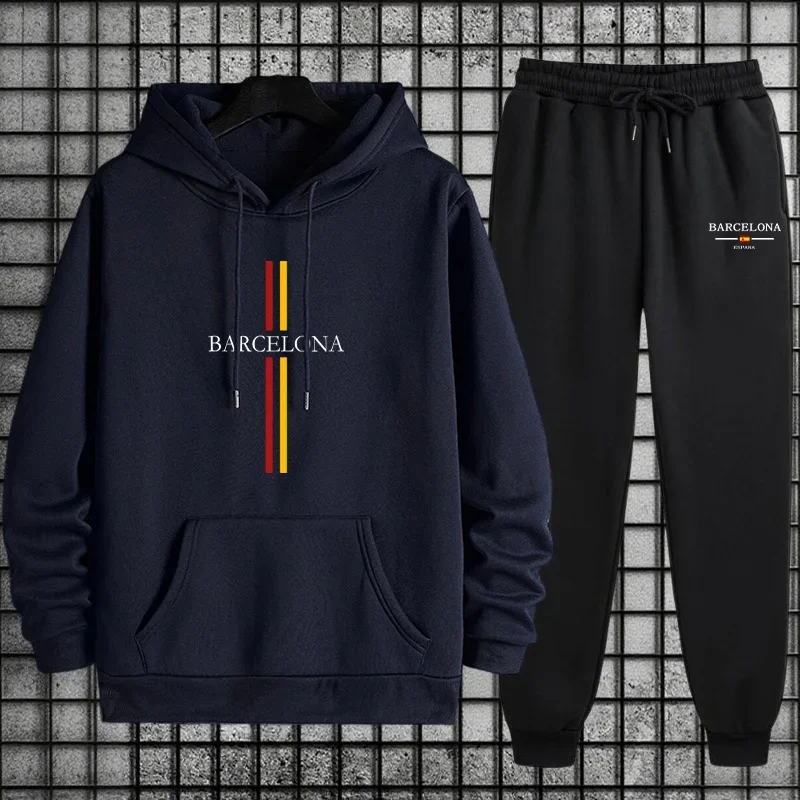 Barcelona Print Tracksuit Men's Sportswear Set Classic Pullover Hoodie and Comfort Fit Joggers for Everyday Casual Sporty Wear