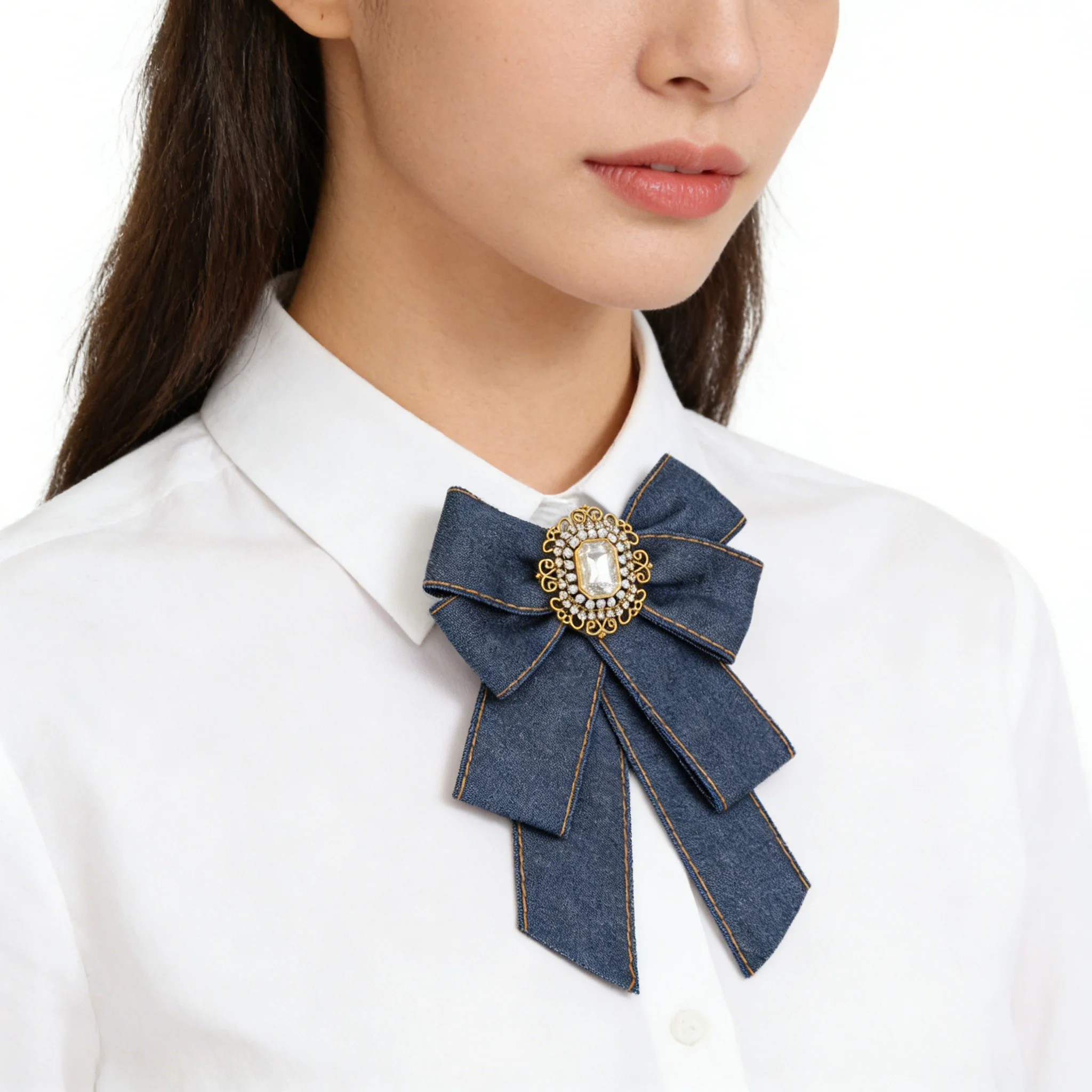 Vintage Denim Bow Retro Pear Crystal Badge British Style Shirt Collor Wedding British Girls Boys Neck Tie for Women Accessories