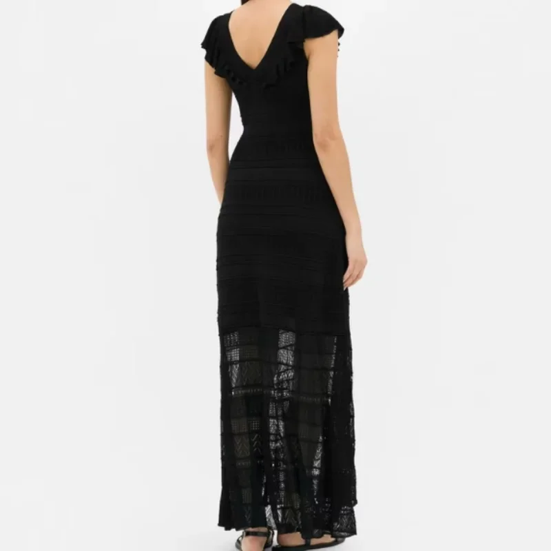 Women's Elegant Knitted Long Dress V-neck Ruffles See Through Elastic High Waist Vestidos 2025 New Summer Commuter Chic Clothing