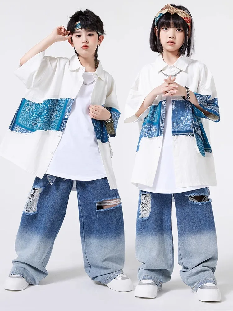 Kid Hip Hop Clothing White Blue Print Patchwork Shirt Top Denim Blue Strap Ripped Jeans Pants for Girl Boy Dance Costume Clothes