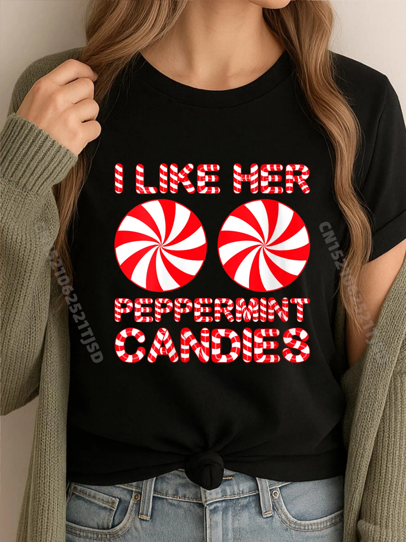 Pareja navideña para mujer a juego I Like Her Peppermint Candies camiseta negra diseñador de lujo Acción de Gracias