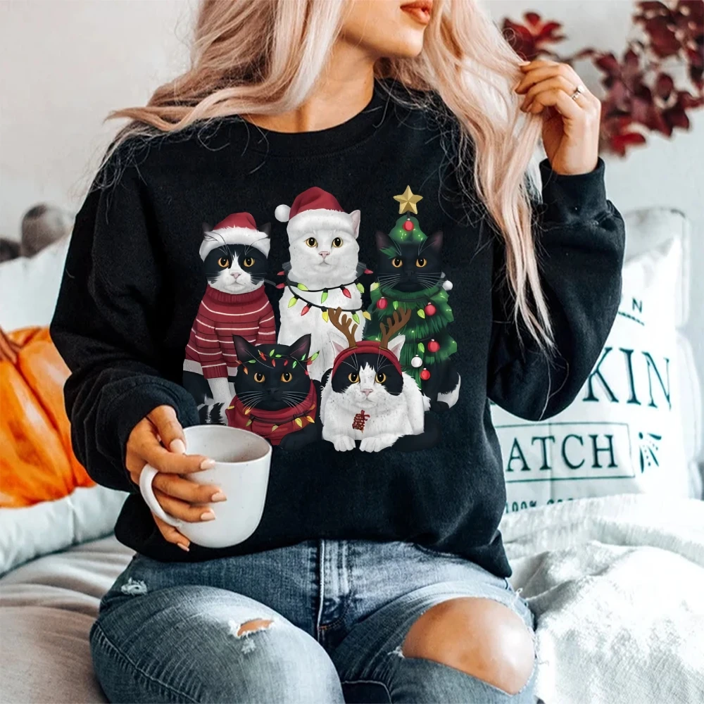 เสื้อสเวตเตอร์พิมพ์ลายแมวคริสต์มาสผู้หญิงฤดูใบไม้ร่วงและฤดูหนาวเสื้อฮู้ดแฟชั่นและสบายคอกลมลำลองด้านบน