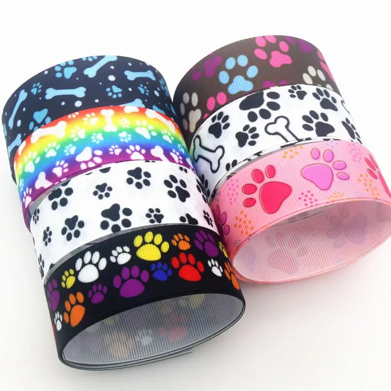 DHK 50yards Dog Cat Paw Bone Printed Grosgrain Ribbon Accessories Material Headwear Decoration DIY Sewing Craft S1795