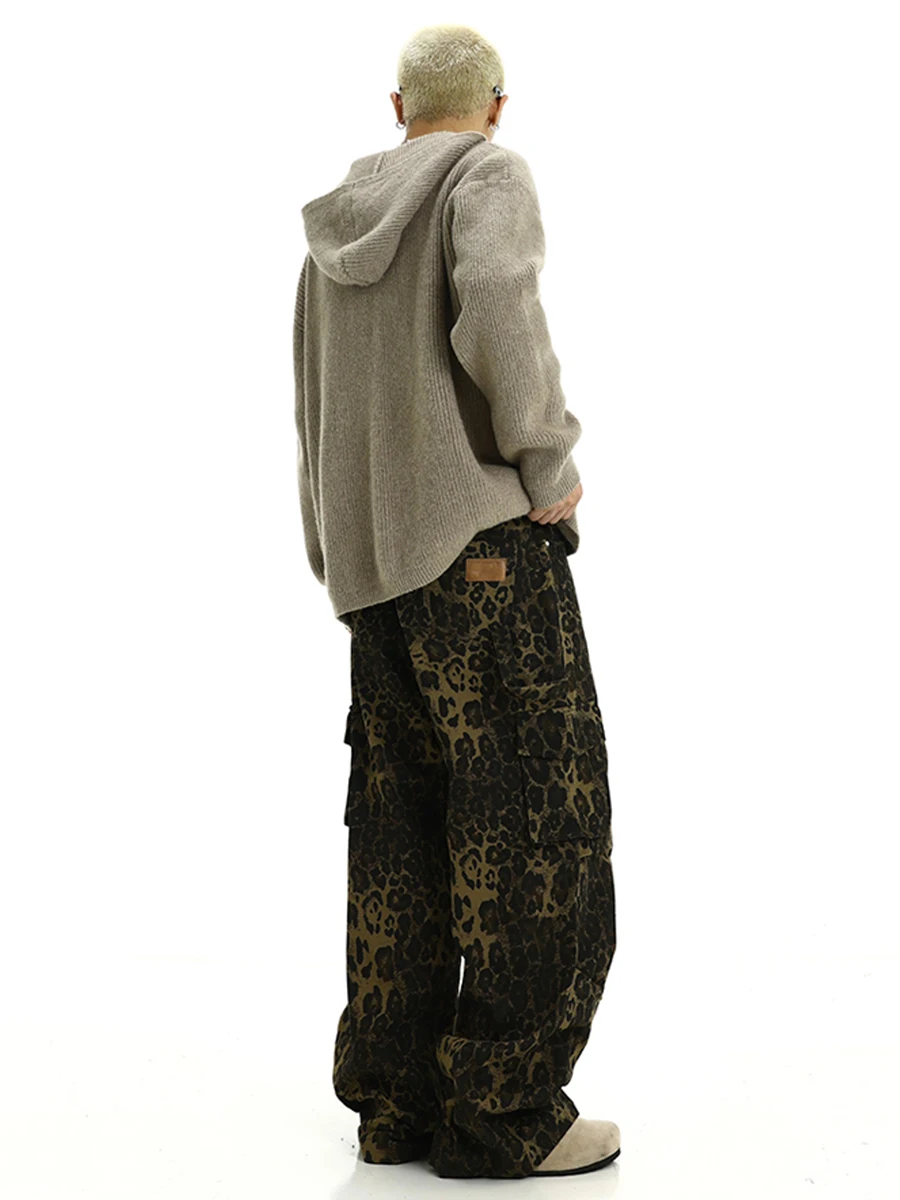 REDDACHIC Y2k Retro Leopard Print Cargo Pants Men Baggy Jeans Adjust-waist Pockets Straight Wide Leg Trousers Casual Work Wear