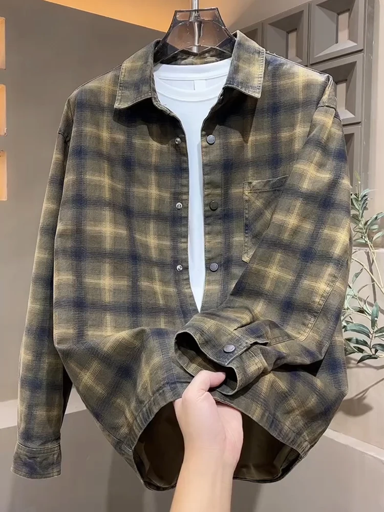 

Winter Plaid irt Men's Loose Fit Long Sve Casual Coat Korean Sle Youth Faionable Button down irt Regular Sve