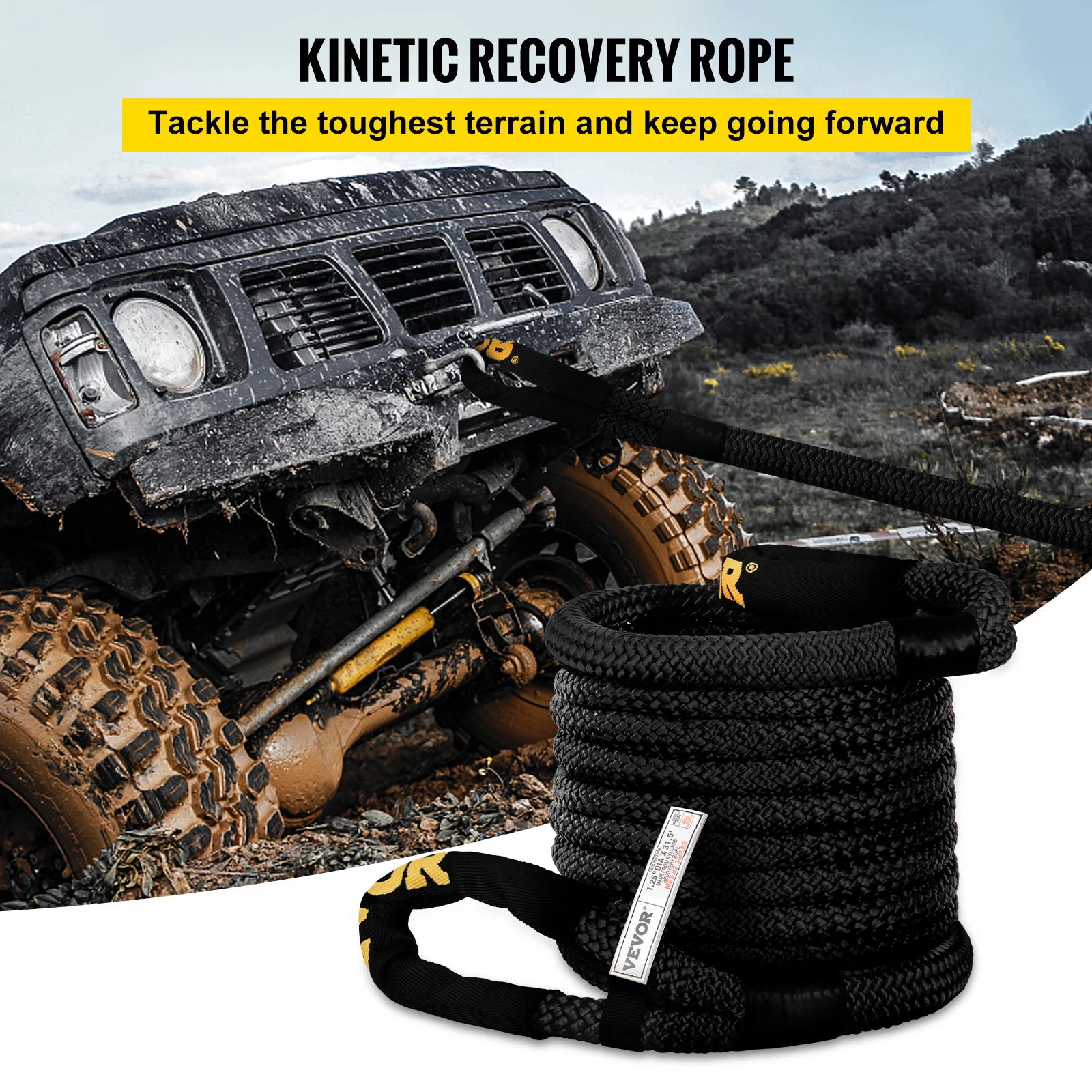 VEVOR 33500/52300 lbs Tow Rope Nylon Double Braided Kinetic Energy Recovery Rescue Rope for Truck Off-Road Vehicle ATV UTV