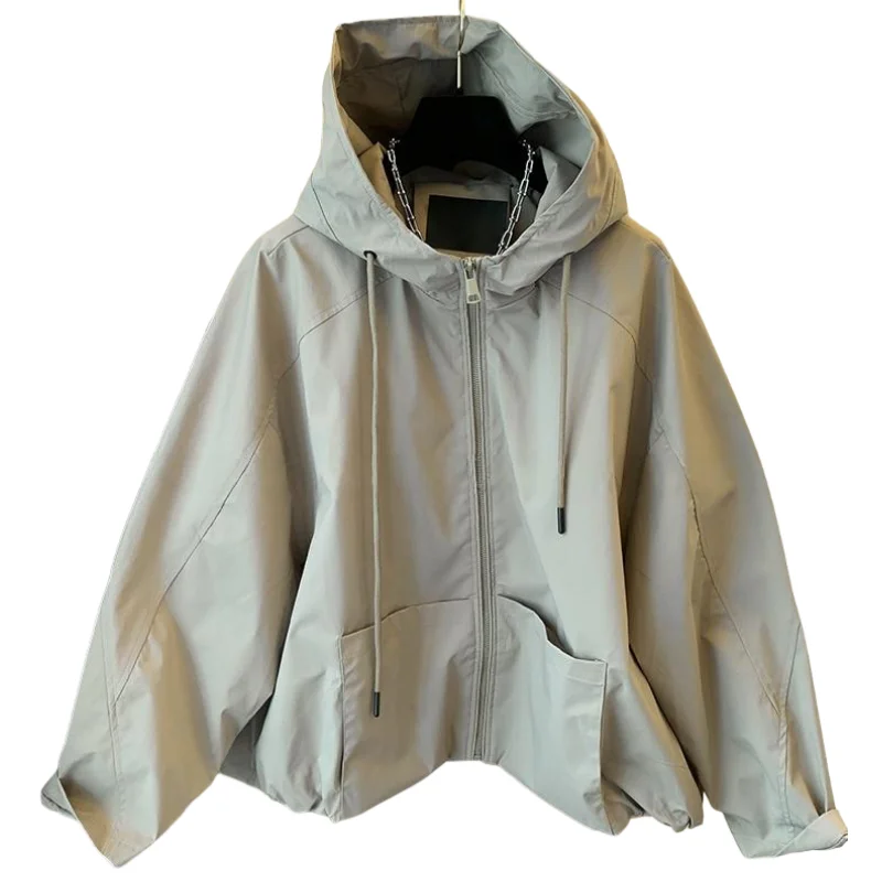 

SuperAen Unique Casual Hooded Jacket for Women Short Autumn New Korean Style Solid Color Fashion Long-sleeved Coats