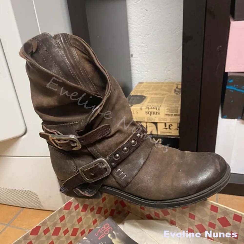 Slouchy Brown Distressed Leather Motorcycle Boots Men Round Toe Multi Metal Buckle Rivet Side Zip Retro Punk Mid Calf Biker Boot