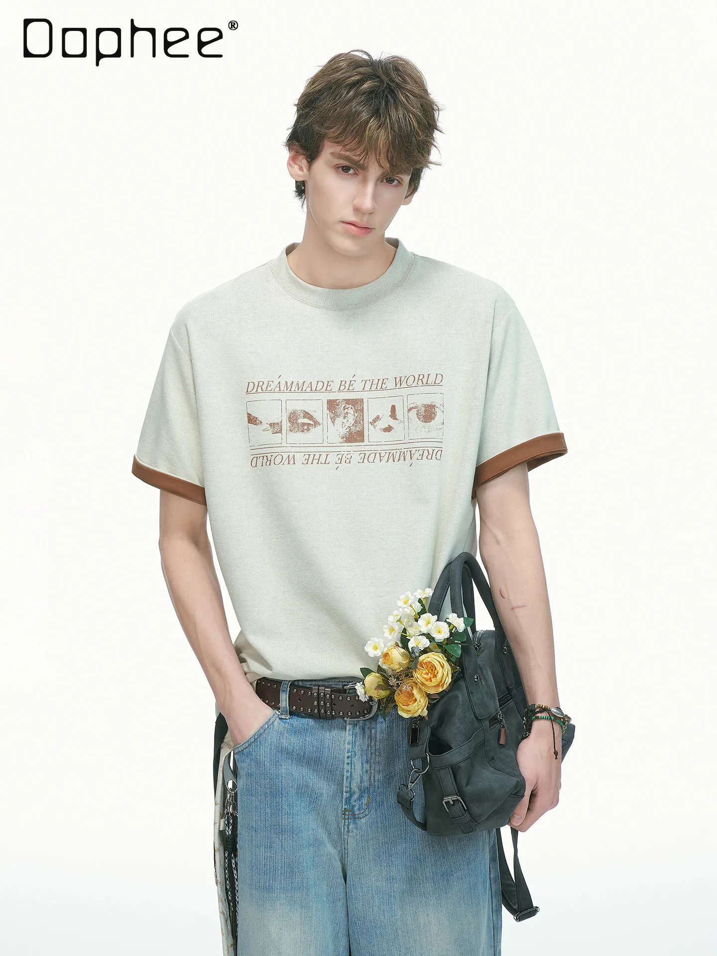 Summer New Heather Gray Loose Casual Tee Men Retro Split Facial Photo & Double Side Letter Print Streetwear Apricot T-shirt