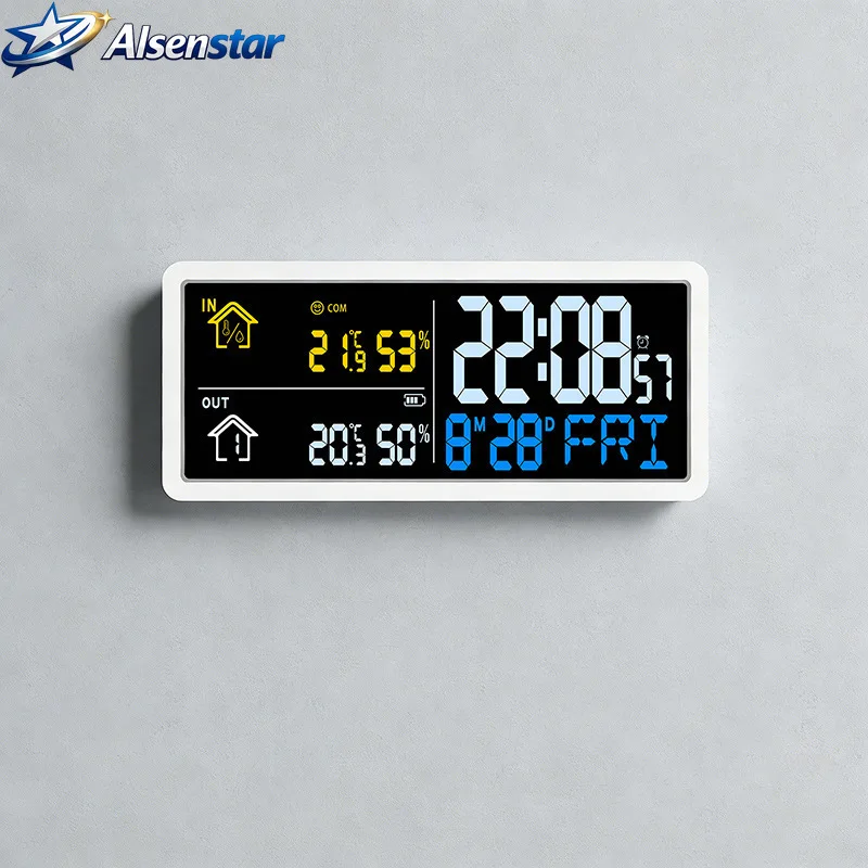 

New Multifunctional LCD Wall Clock with Outdoor Sensor Indoor Outdoor Temperature Humidity Display for Home Living Room