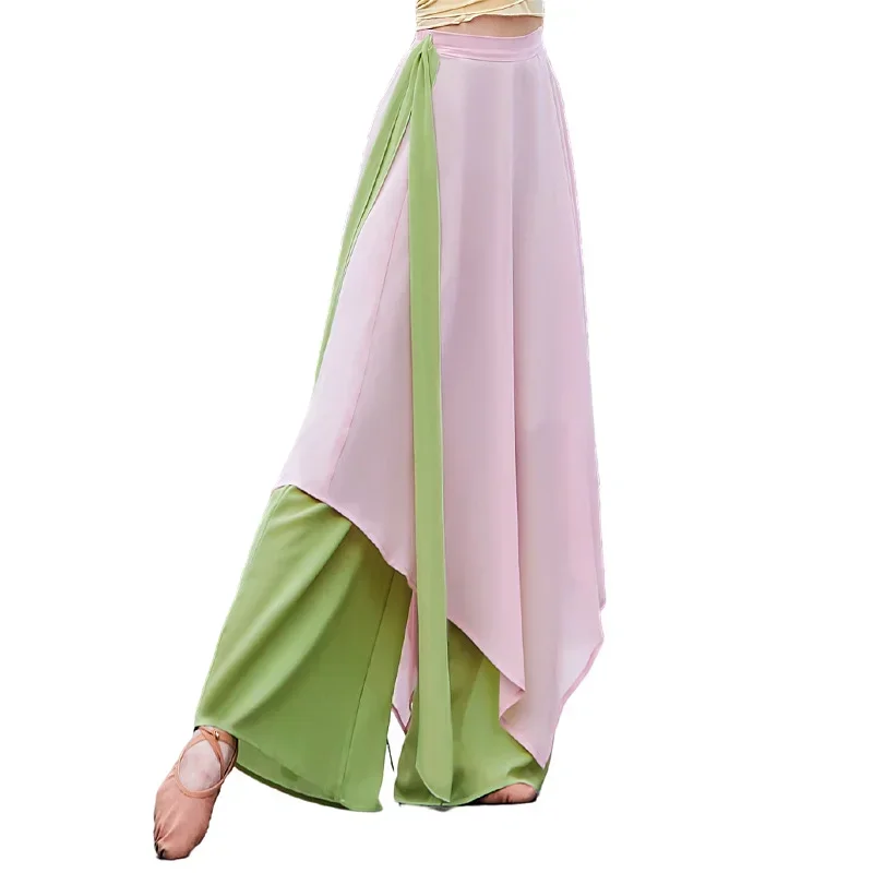 Cina Danza Chiffon Culottes Gamba larga Harem Gonna Pantalone Flowy Danza classica Ballerino popolare Pratica Indossare 2 strati Fata LU52