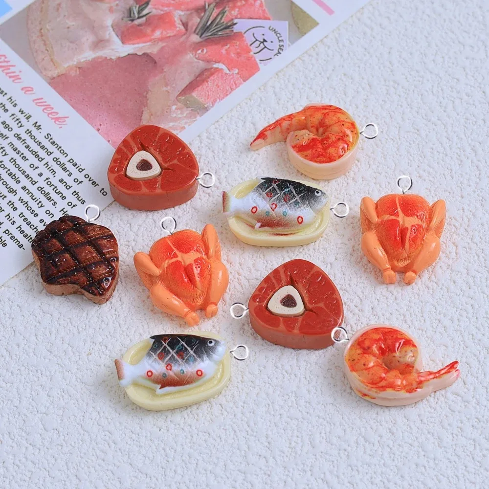 10 قطعة جميل الراتنج لحوم البقر شريحة لحم الدجاج المشوي دلايات لصنع المجوهرات النتائج الأسماك الروبيان الذيل المعلقات Charm بها بنفسك أقراط #3