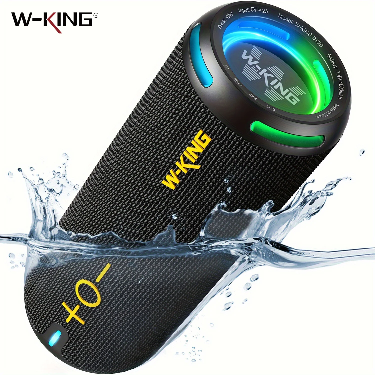 W-KING 40W Portable Speaker, IP67 Waterproof, APP Control, High-Quality Audio, TF/AUX, Dynamic Lights for Party, Outdoor, Shower