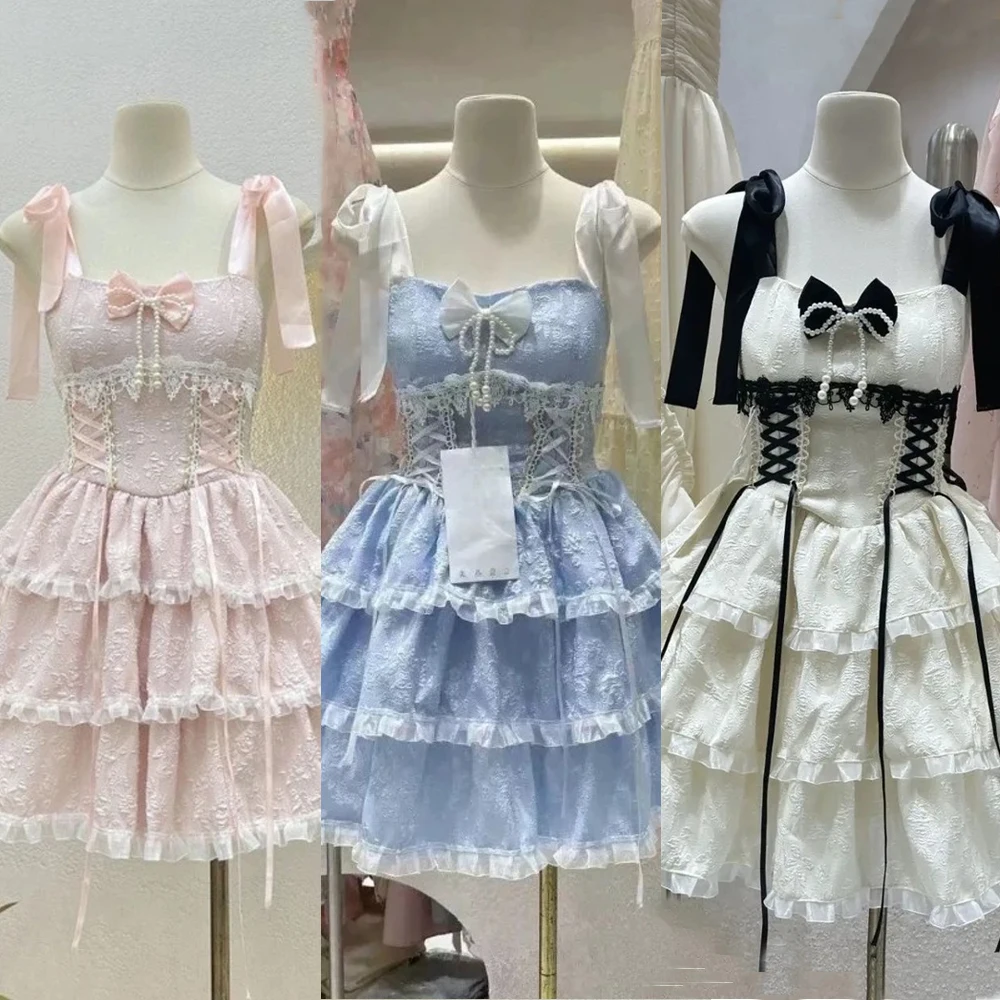 الصيف النمط الياباني Kawaii لوليتا فستان المرأة خمر الحلو مقوس دانتيل الكشكشة كعكة فساتين Harajuku Y2k سليم ضمادة فستان