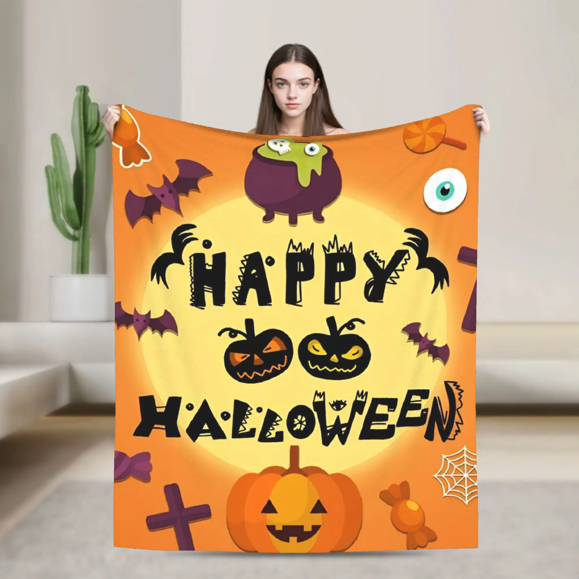 Happy Halloween Flannel Throw Blankets Cute Pumpkin Cross Blanket for Sofa Outdoor Super Soft Bedding Throws