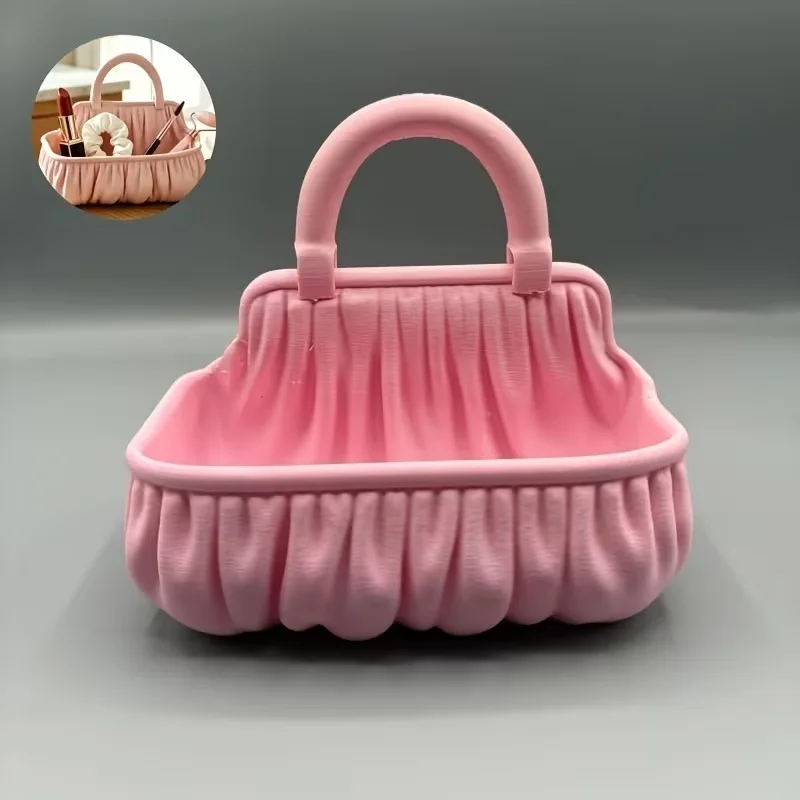 3D Printed Pink Pleated Handbag Shape Basket Skincare Organizer Makeup Holder Minimalist Vanity Desktop Small Accessories Decor