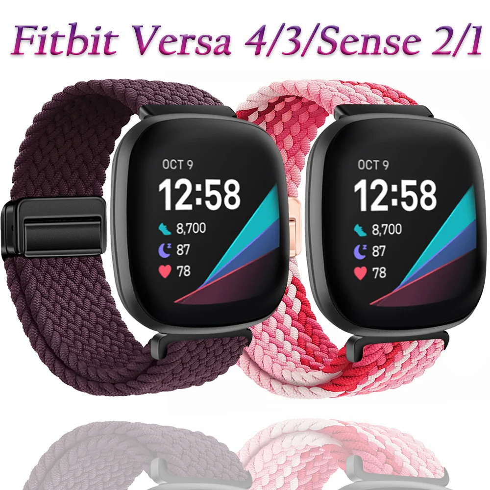 Metal Magnetic Nylon Braided Loop Strap for Fitbit Versa 4/3 Adjustable Bracelet Wristband for Fitbit Sense 2/1 Comfortable Belt