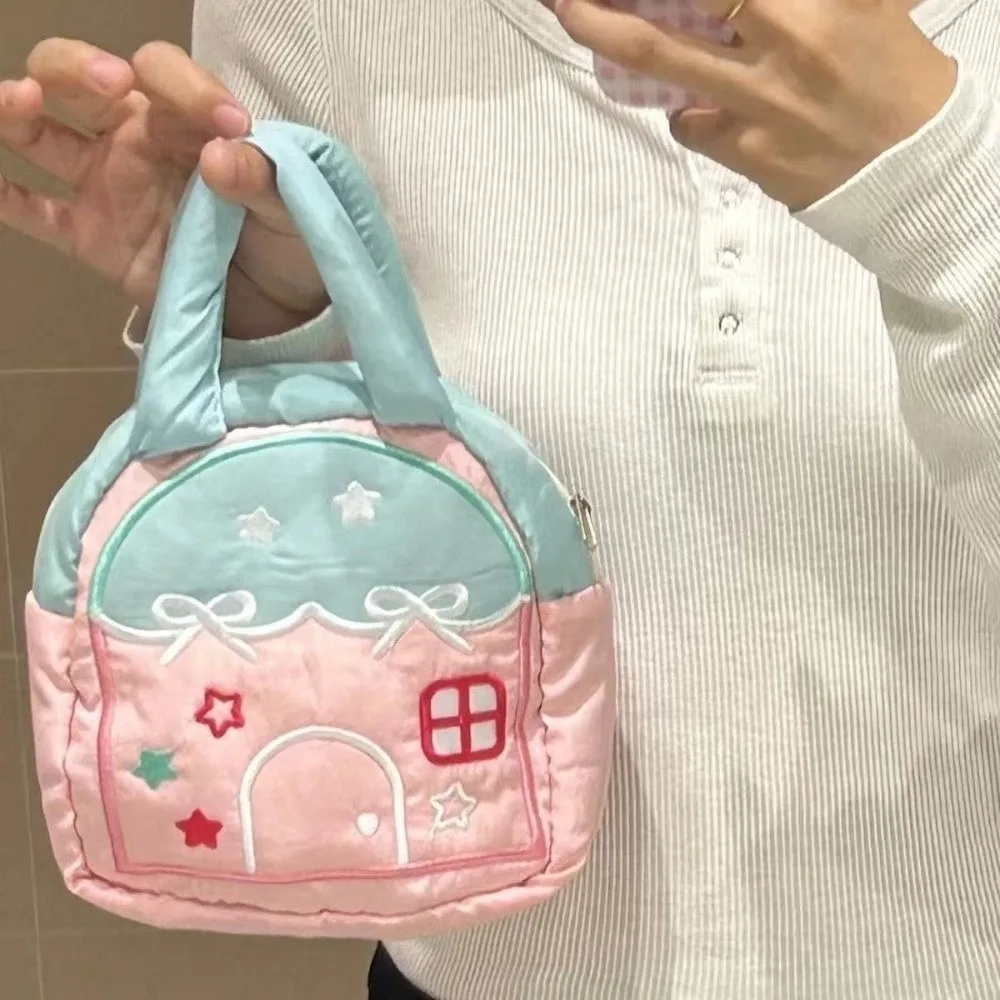 Embroidery Decor Camera Carrying Bag Large Capacity Portable Small House Shaped Handbag Cartoon Hand-held Makeup Organizer Bag