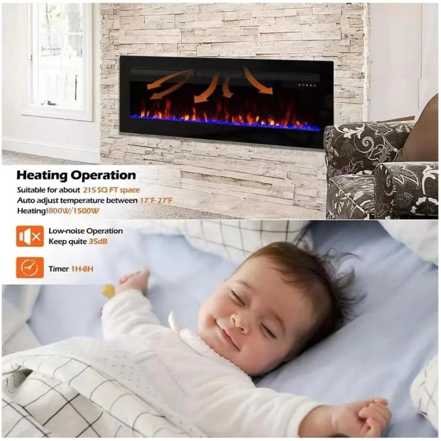 Electric Fireplace Recessed and Built-in Wall-Mounted with Remote Control Timer Touch Screen Interface Adjustable Flame Colors