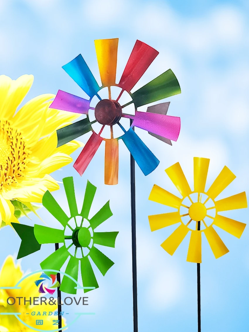 Iron Windmill Garden Yard Planter Colorful Pinwheel Kids Toy Outdoor Windmill Vertical Lawn Insert Courtyard Home Decoration