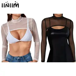 Womens Arm Sleeves Shoulder Shrug Tops See-through Mesh Crop Top Mock Neck Long Sleeve T-shirt Cover Ups Beachwear Clubwear