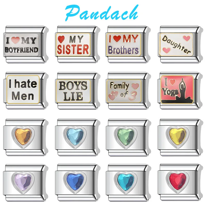Pandach Fashion DIY I Love My Family Series Heart-shaped Zircon Italian Charms Links Fit 9mm Stainless Steel Bracelets Jewelry