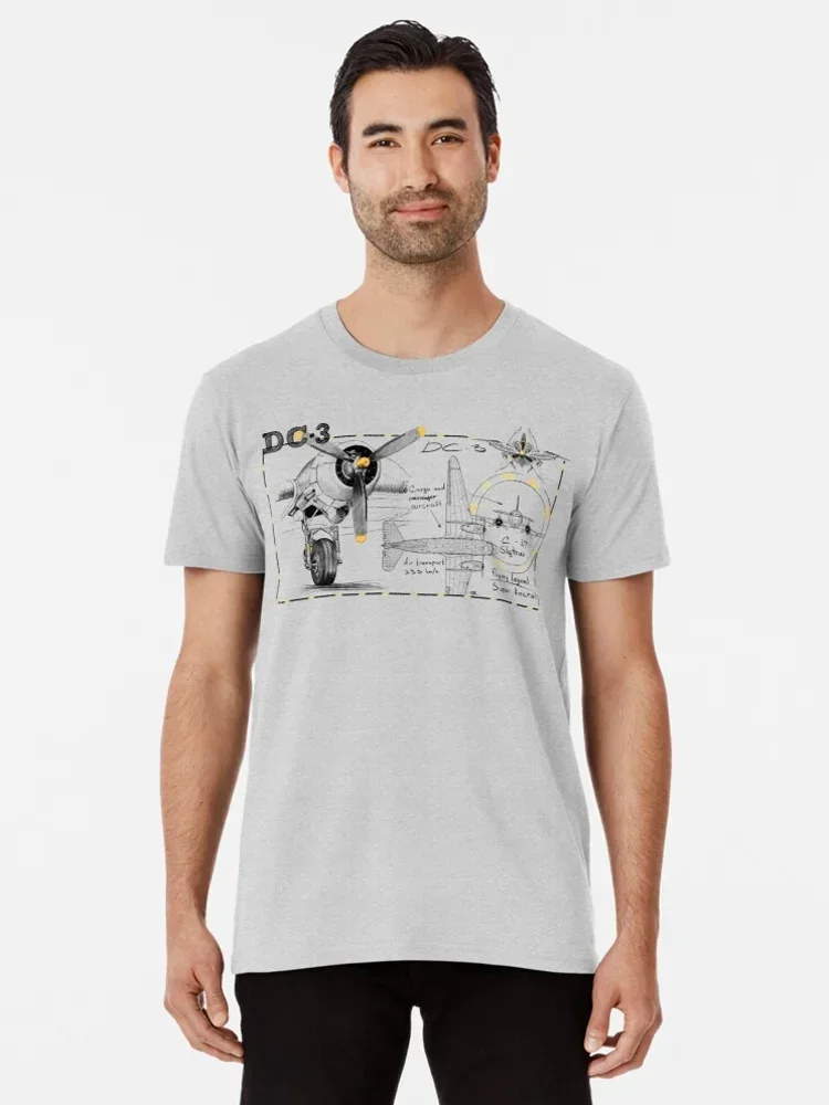 DC-3 Propeller-driven Airliner Blueprint T Shirt. New 100% Cotton Short Sleeve O-Neck Casual T-shirts Loose Top Size S-3XL