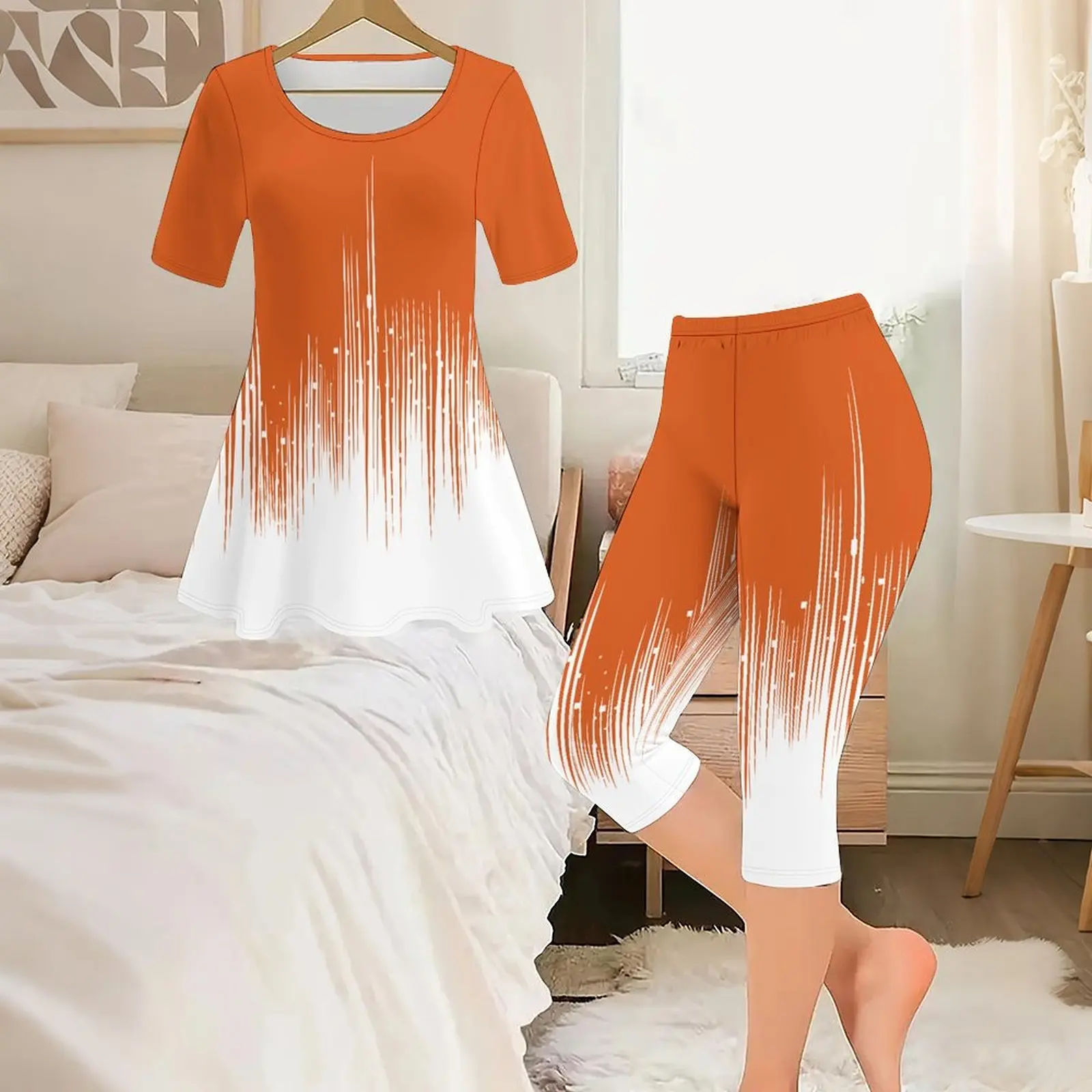 2pcs Print Two Piece Set Women Street Vacation Short Sleeved Fashion Retro Tops Everyday Exercise Leggings