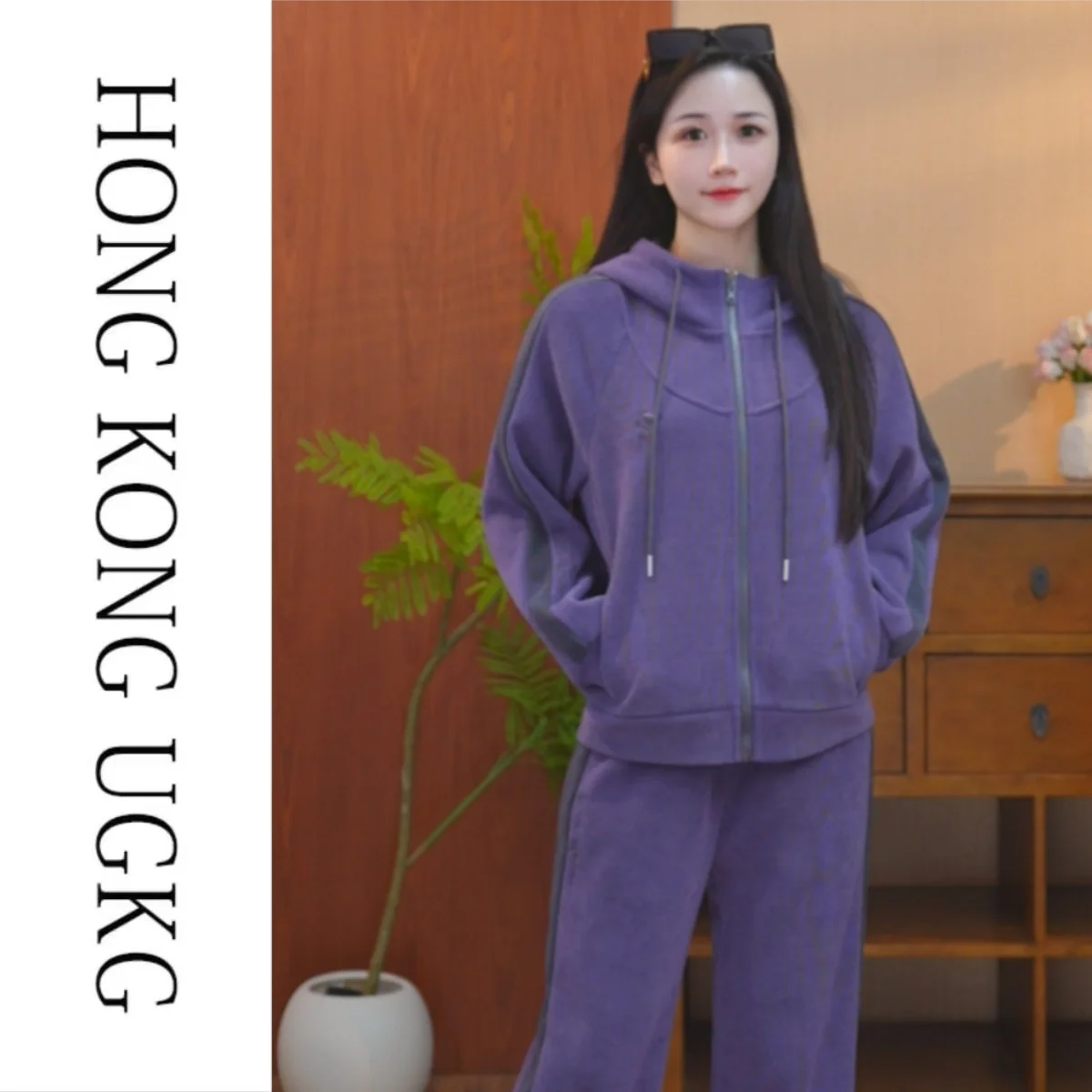 UGKG2025 Hong Kong Mom's Outfit Casual Women's Two-Piece Set Cotton Long Sve Zipper Hooded Jaet And Long Pants For Autumn