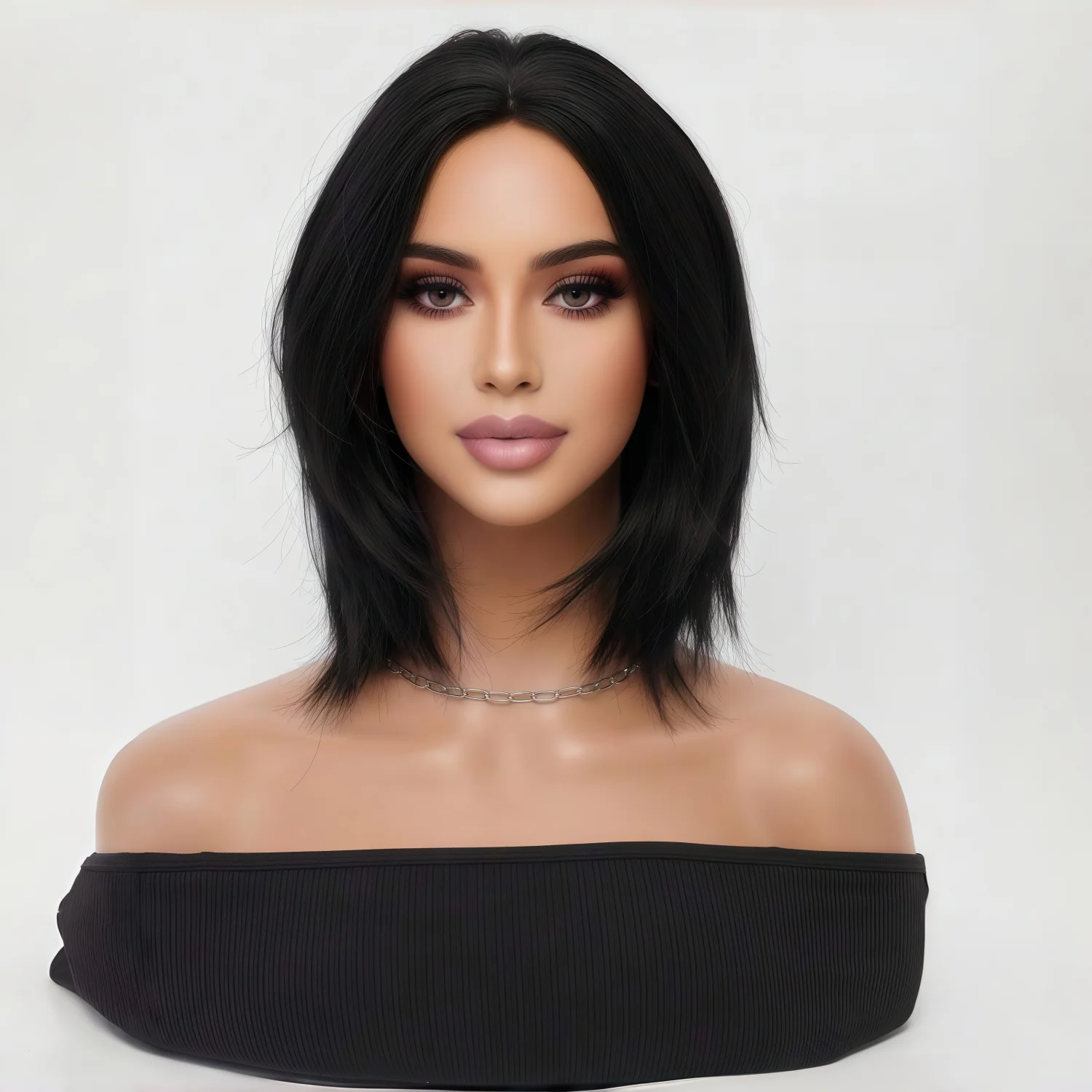 Parrucca corta Bob lunga fino alle spalle con spacco medio nero naturale Parrucca resistente al calore in fibra sintetica traspirante sottile a strati da 14 pollici