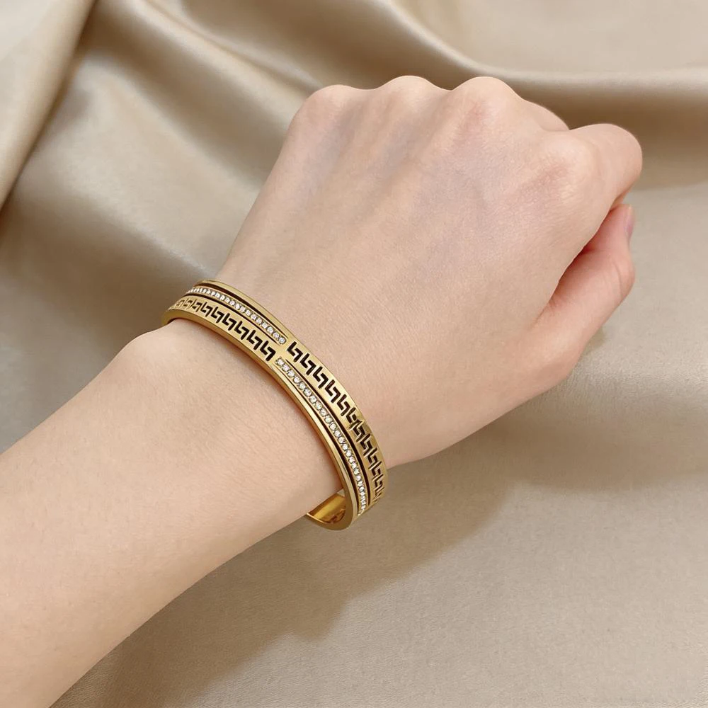 Trendy Greek Key Pattern Stainless Steel Bangle Bracelet For Women Gold Tone Waterproof Stackable Daily Wear Jewelry Gift