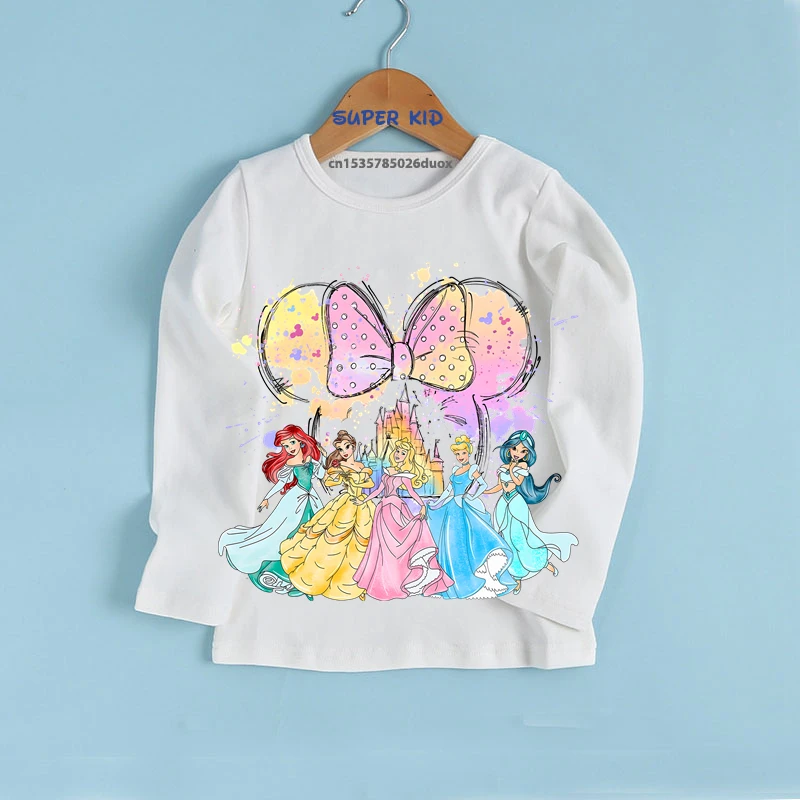 Magical Disney Castle Watercolor Princess Girl Long Sleeve Shirt Disney Princess Belle Ariel Cinderella Aurora Kawaii Girl Shirt