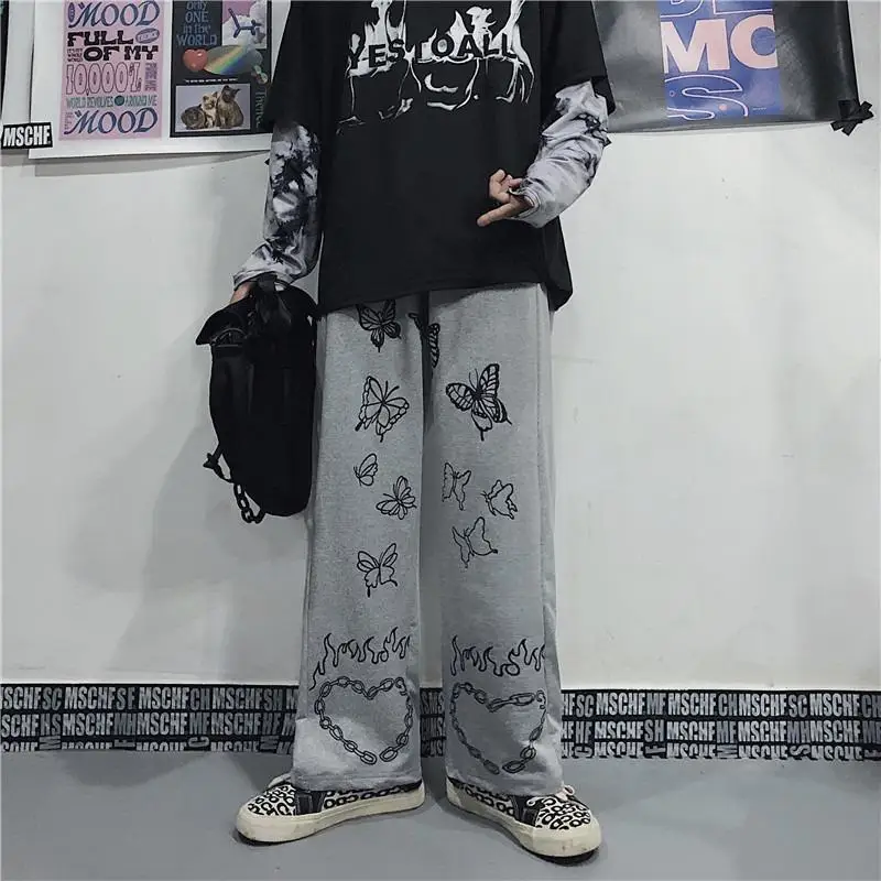 

2021 New Retro Wide Leg Pants Winter Fashion Harajuku Love Printed Pants Women's Loose Casual Korean High Waist Sports Pants