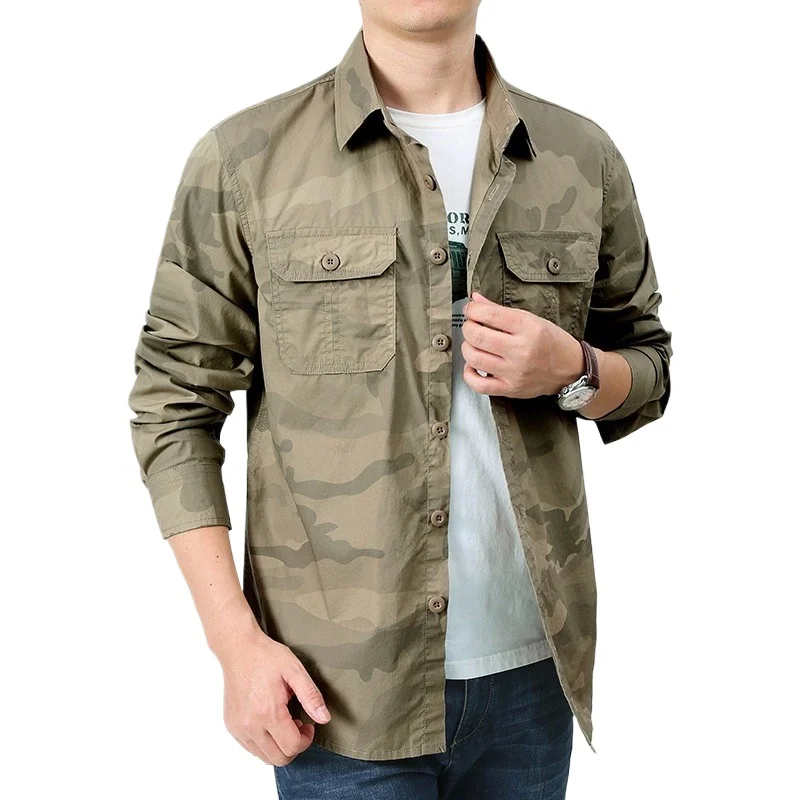 

2026 New Men Long Sleeve Camouflage Shirt Cotton Workwear Loose Fit Casual Outdoor Shacket Military Coat Spring Autumn