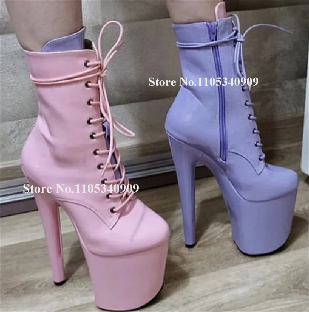 

Bondarenko Pink-purple Mixed-colors Stiletto Heel Short Boots Sexy Round Toe Lace-up High Platform Thin Heel 20cm Dance Shoes
