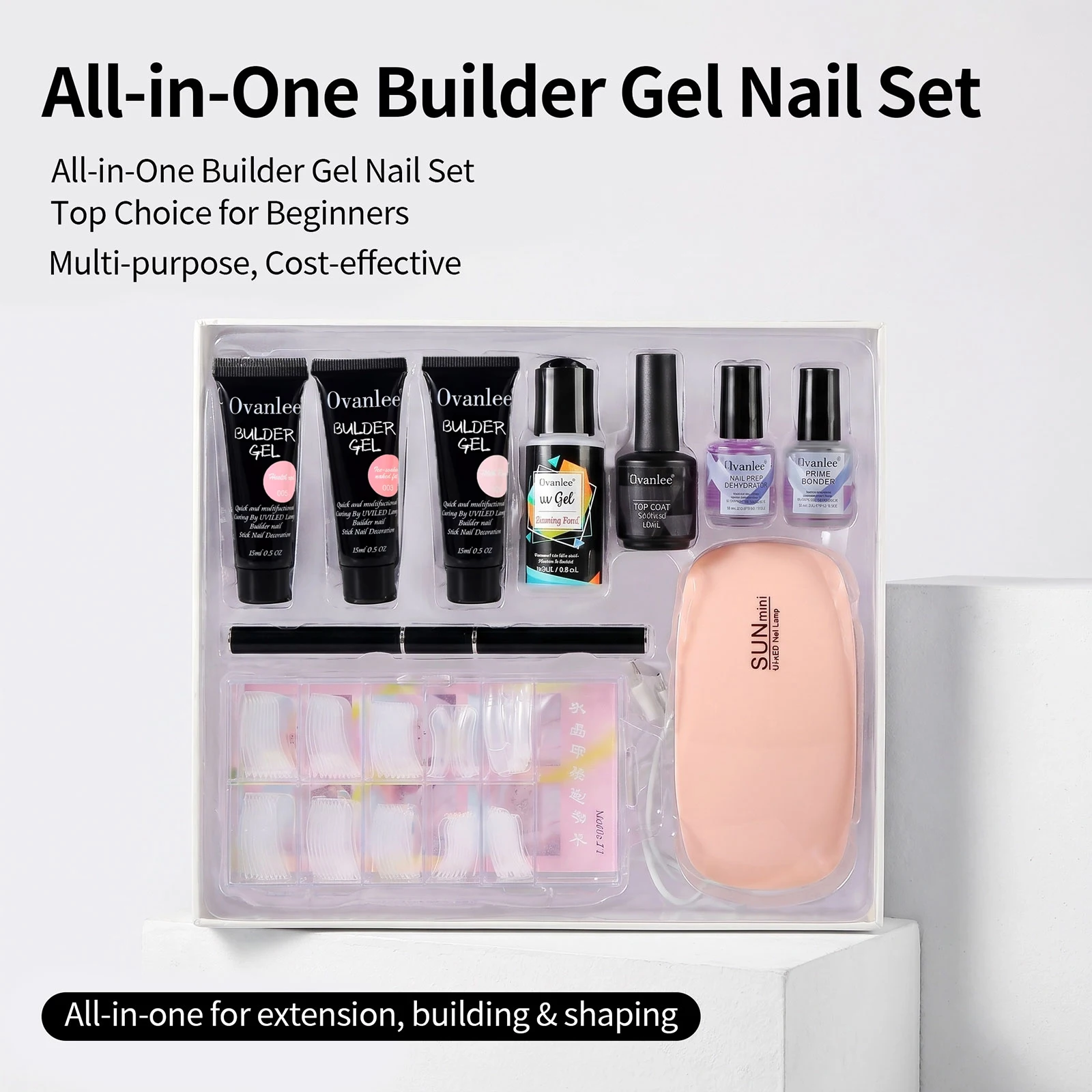 Ovanlee 3-Tube Nail Extension Builder Gel Kit – Complete All-in-One Set with Mini UV/LED Lamp, Nail Prep Dehydrator, Primer Bonder, Top Coat, Dual Forms & Brush for DIY Home Manicure (15ml Each) gallery 6