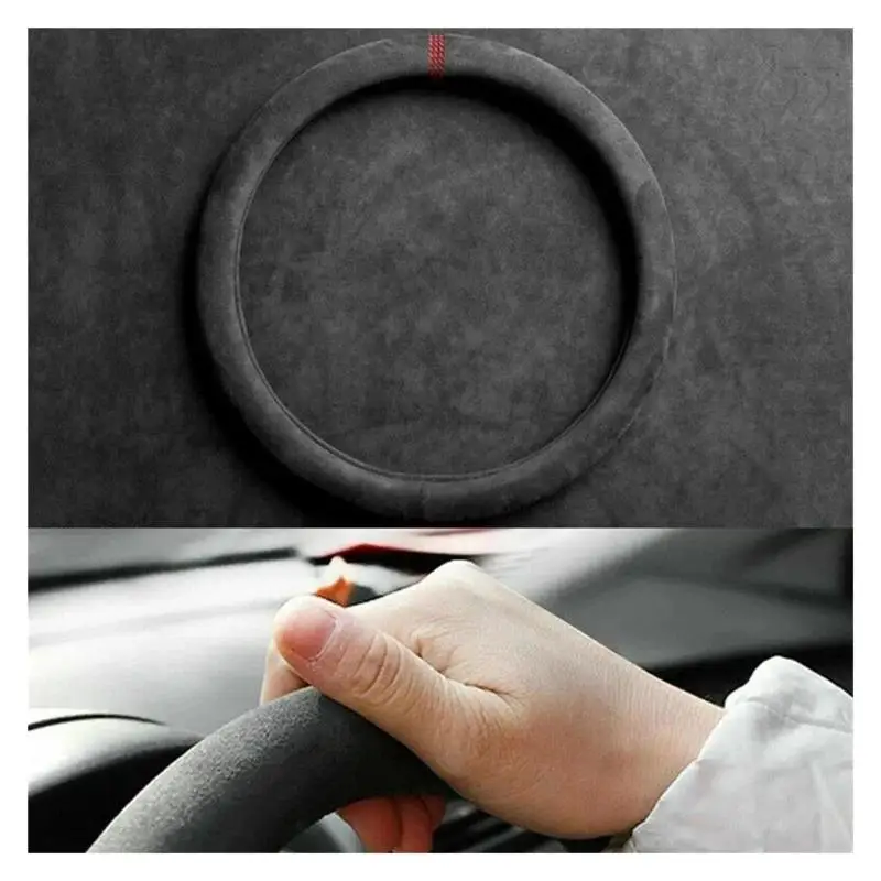 1 Stück Mikrofaser-Wildleder Lenkradbezug mit Roter Naht, Rutschfester Innenring, 14,5-15 Zoll, Weiche Atmungsaktive Oberfläche