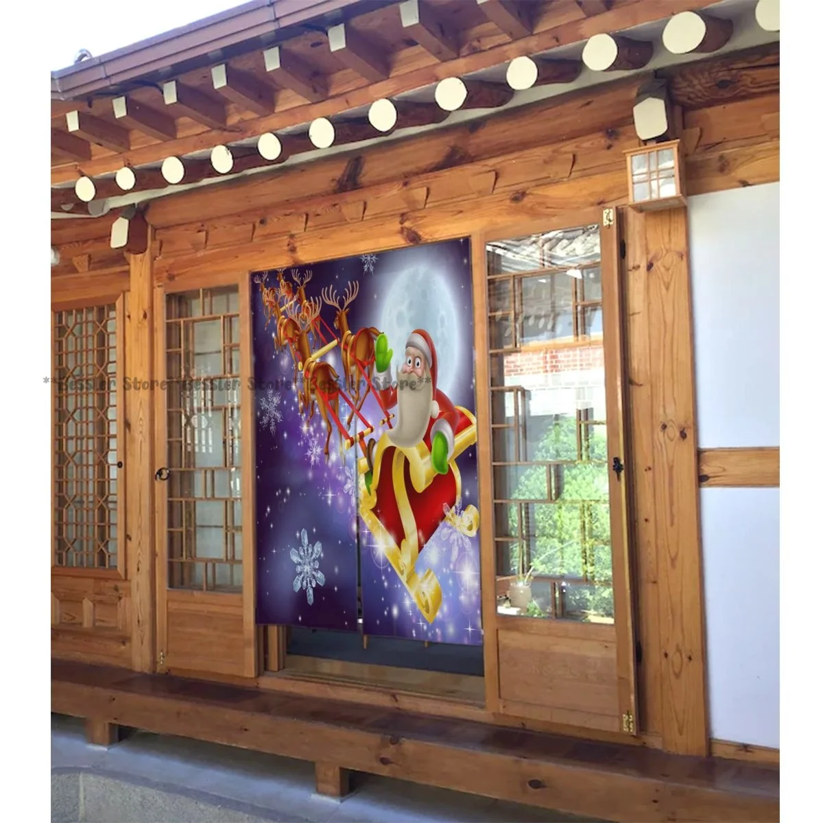 Door Curtain Santa Claus Sleigh Christmas Scene Hanging Curtain for Living Room Partition Door Screen Home Deocration