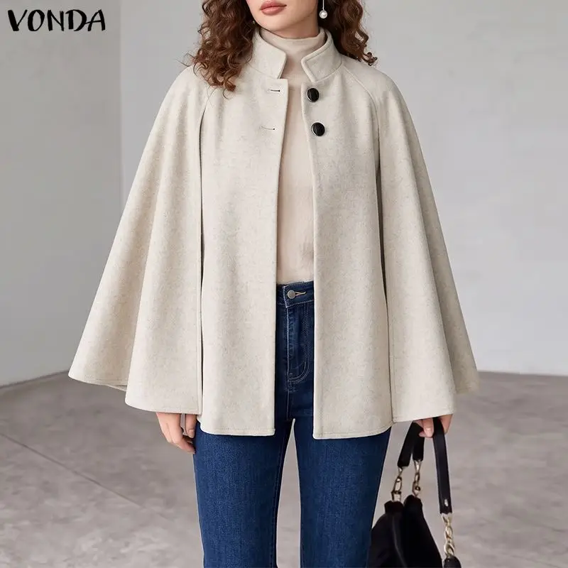 VONDA Autumn Women Capes Elegant Stand Collar Thin Cape Coat Solid Button Poncho OL Work Tops Office Streetwear Party Jackets