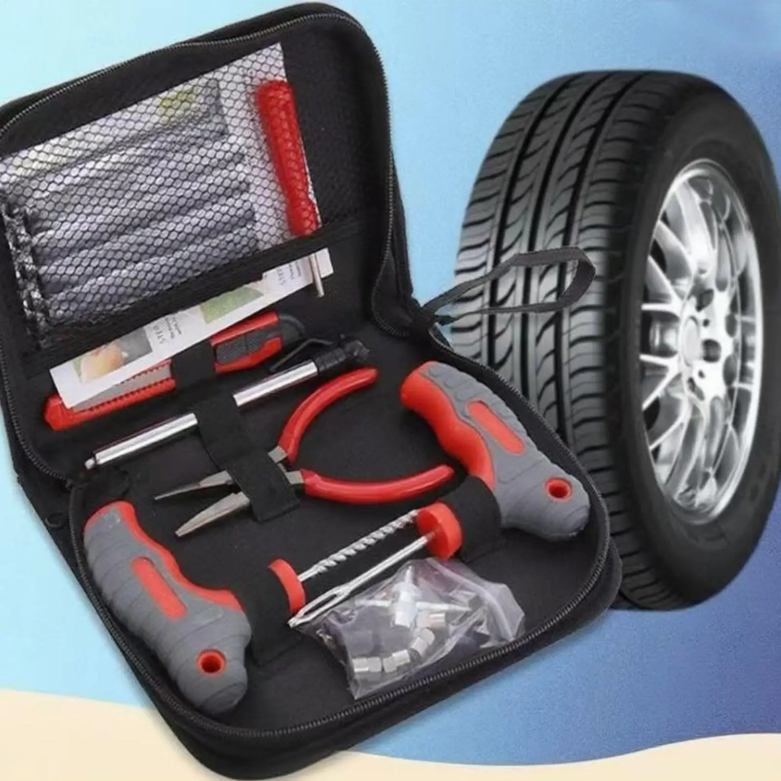 

34 шт., комплект для ремонта мотоциклетных заплат на плоской подошве, комплект для ремонта автомобильных шин, портативные инструменты для ремонта автомобильных велосипедных шин, аксессуары для проколов