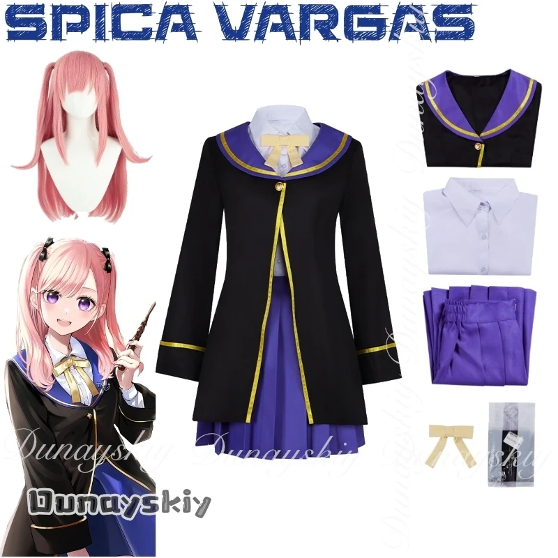 

{Yumekiri}The Classroom of a Black Cat and a Witch Anime Spica Vargas Cosplay With Blue Skirt Pink Wig Black Coat Cosplay Set