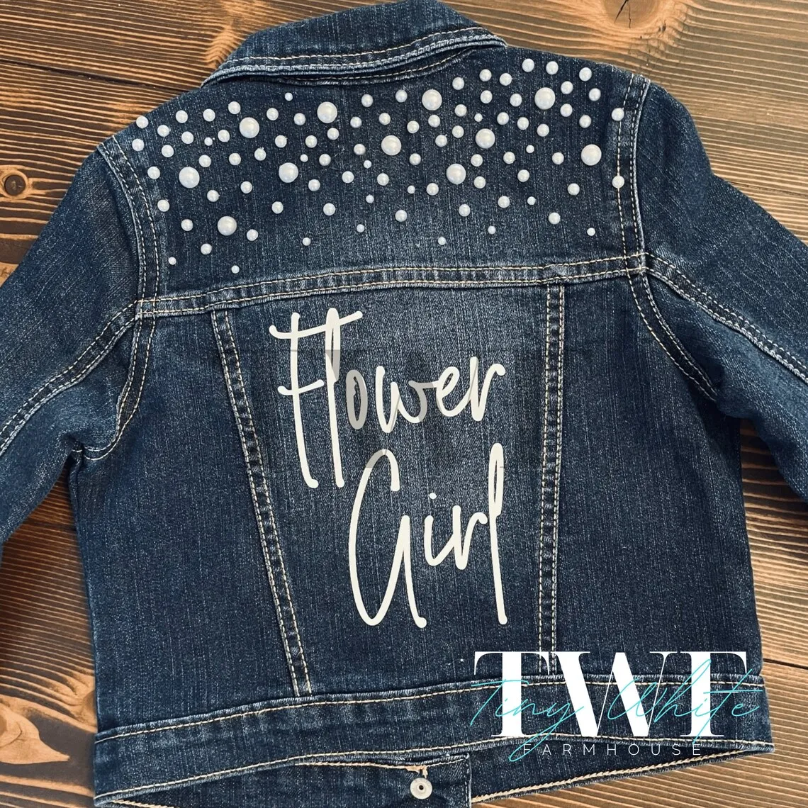 Pearl Demin Jean Custom “Flower Girl” Jacket Wedding Photoshoot Bridal Party Photography Baby Girl Wedding Party Gift Present