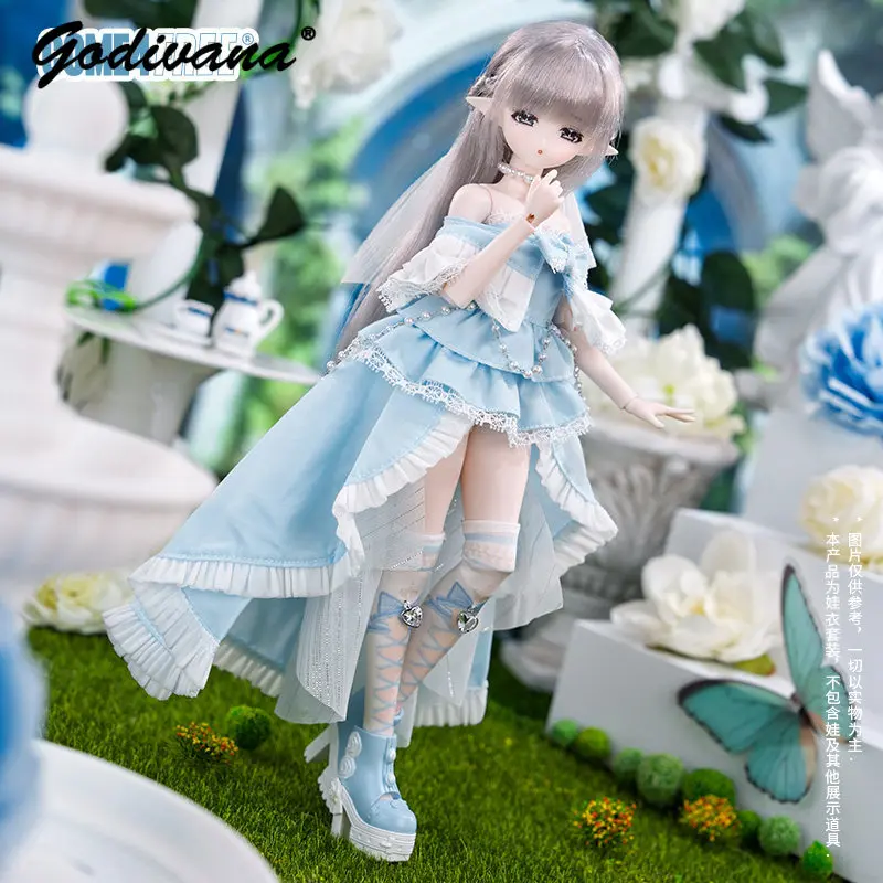 Off-shoulder Lace trim ruffle Lolita Princess dolls Dress Blue Irregular Trailing Set fit 1/6 BJD Doll Only Clothes No Doll