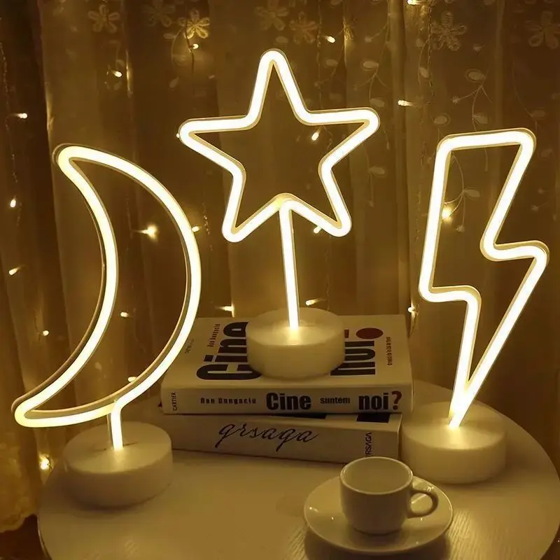 Neon Sign LED Moon shaped Neon Light Battery/USB Powered Warm White Neon Lamp with Holder Base Star Holiday Nightlight Decor 111