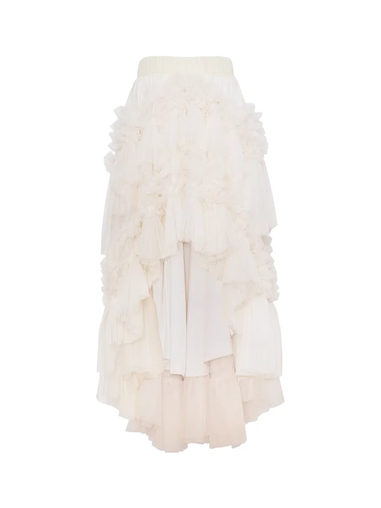 TIYIHAILEY Free Shipping 2023 Fashion Long Maxi Mesh High Low Beige Women Patchwork Ball Gown Elastic High Waist Layer Skirts