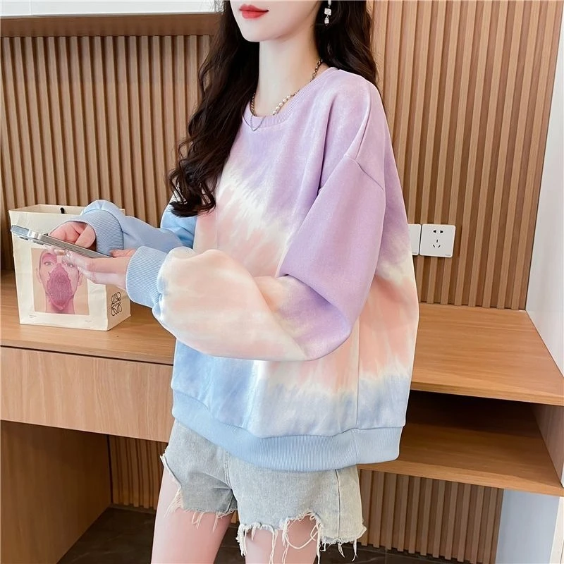 التعادل صبغ التدرج الإناث البلوز الأعلى لطيف اللون 90s خمر الكورية موضة البلوز الأساسية الجولة الرقبة المرأة بلوزات