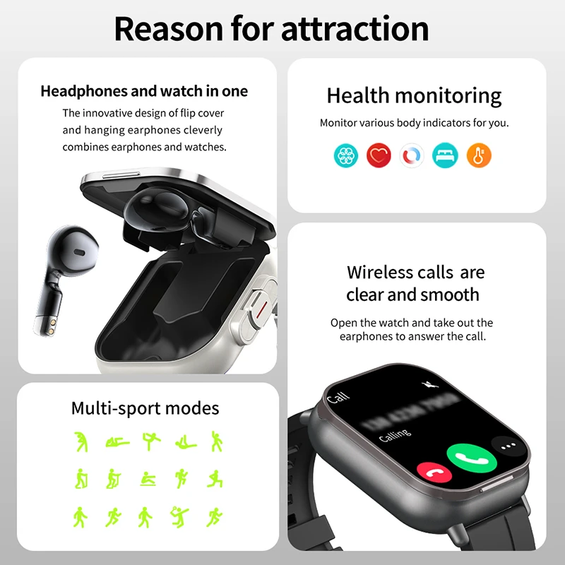 New TWS 2 in 1 Smart Watch with Headphones Sports Clock Bluetooth Headset Call Watches Men Health Monitor NFC Smartwatch Earbuds view 2